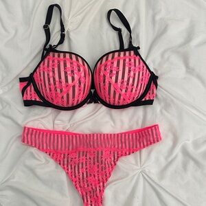 Victoria's Secret Neon Pink and Black Lace Bra